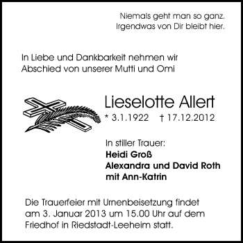 Traueranzeige von Lieselotte Allert von Rüsselsheimer Echo, Groß-Gerauer-Echo, Ried Echo