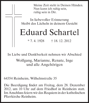 Traueranzeige von Eduard Schartel von Echo-Zeitungen (Gesamtausgabe)