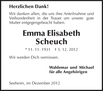 Traueranzeige von Emma Elisabeth Scheuch von Echo-Zeitungen (Gesamtausgabe)