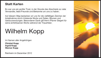Traueranzeige von Wilhelm Kopp von Echo-Zeitungen (Gesamtausgabe)