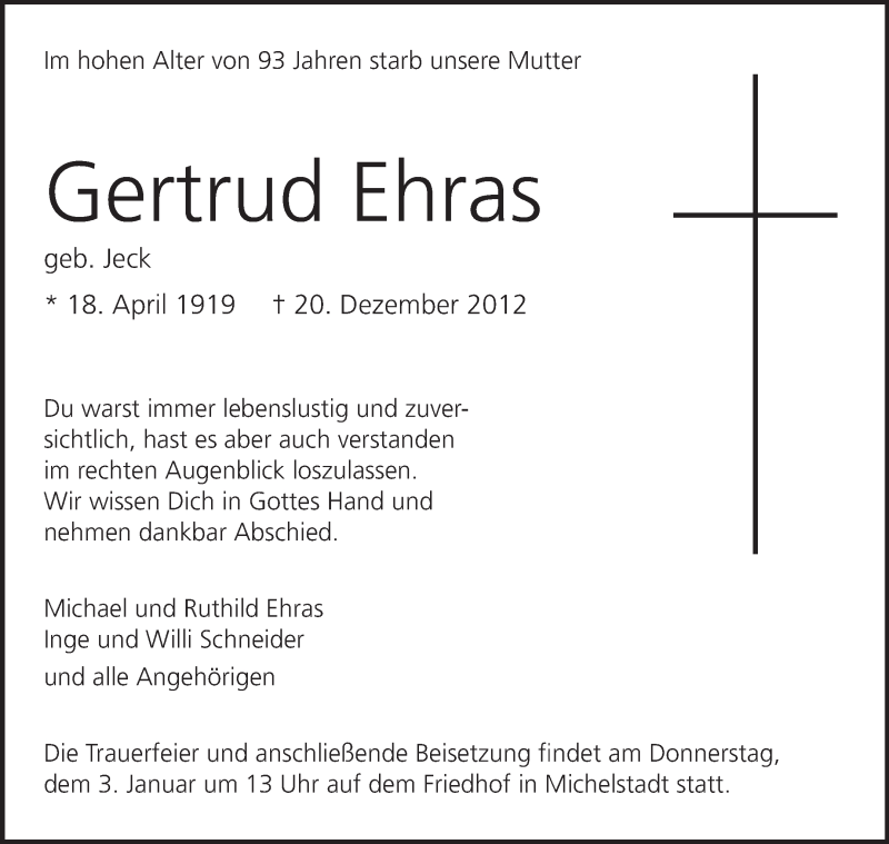  Traueranzeige für Gertrud Ehras vom 24.12.2012 aus Odenwälder Echo