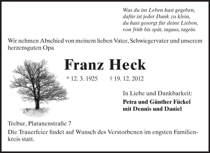  Traueranzeige für Franz Heck vom 24.12.2012 aus Rüsselsheimer Echo, Groß-Gerauer-Echo, Ried Echo