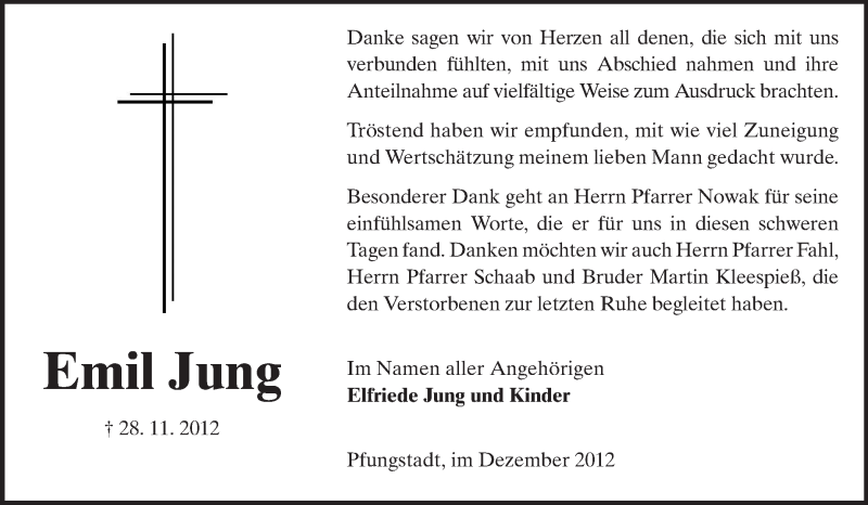  Traueranzeige für Emil Jung vom 29.12.2012 aus Echo-Zeitungen (Gesamtausgabe)