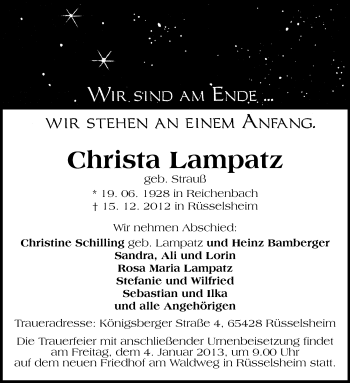 Traueranzeige von Christa Lampatz von Rüsselsheimer Echo, Groß-Gerauer-Echo, Ried Echo