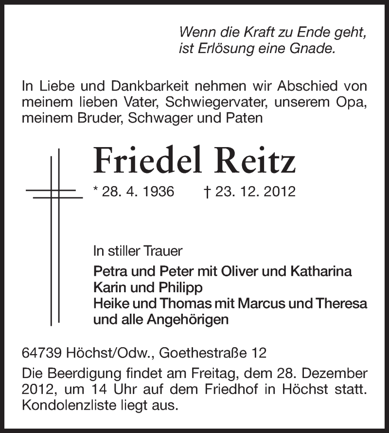  Traueranzeige für Friedel Reitz vom 27.12.2012 aus Odenwälder Echo