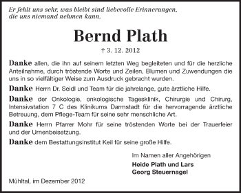 Traueranzeige von Bernd Plath von Echo-Zeitungen (Gesamtausgabe)