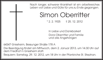 Traueranzeige von Simon Oberritter von Echo-Zeitungen (Gesamtausgabe)