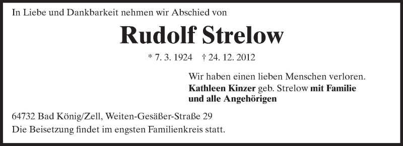  Traueranzeige für Rudolf Strelow vom 28.12.2012 aus Odenwälder Echo