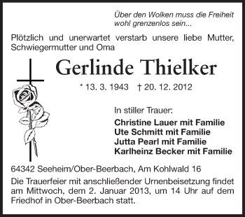Traueranzeige von Gerlinde Thielker von Echo-Zeitungen (Gesamtausgabe)