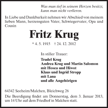 Traueranzeige von Fritz Krug von Echo-Zeitungen (Gesamtausgabe)