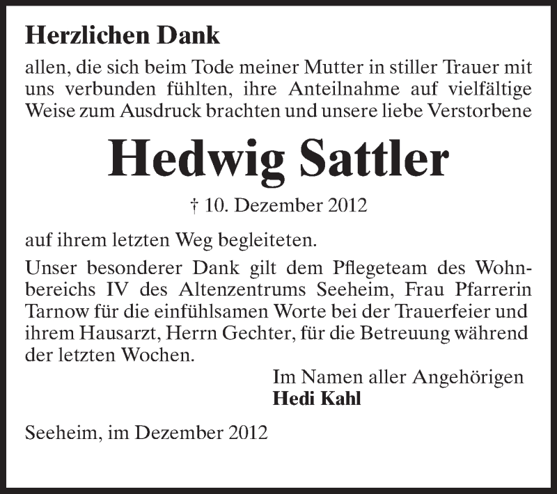  Traueranzeige für Hedwig Sattler vom 29.12.2012 aus Echo-Zeitungen (Gesamtausgabe)