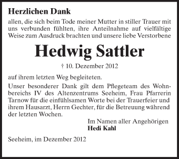 Traueranzeige von Hedwig Sattler von Echo-Zeitungen (Gesamtausgabe)