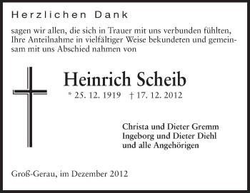 Traueranzeige von Heinrich Scheib von Rüsselsheimer Echo, Groß-Gerauer-Echo, Ried Echo