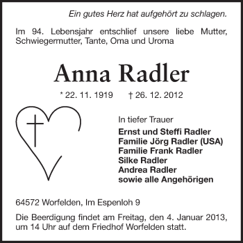 Traueranzeige von Anna Radler von Rüsselsheimer Echo, Groß-Gerauer-Echo, Ried Echo