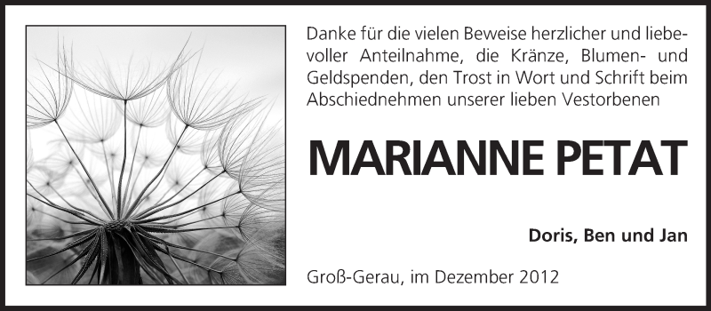  Traueranzeige für Marianne Petat vom 29.12.2012 aus Rüsselsheimer Echo, Groß-Gerauer-Echo, Ried Echo