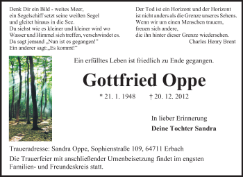 Traueranzeige von Gottfried Oppe von Odenwälder Echo