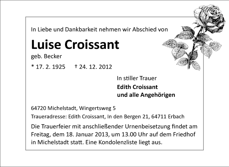  Traueranzeige für Luise Croissant vom 29.12.2012 aus Odenwälder Echo