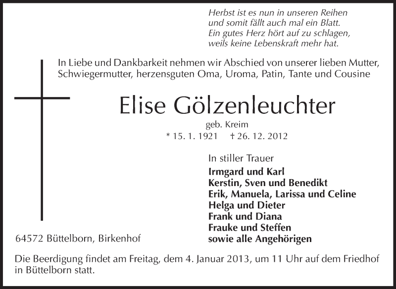  Traueranzeige für Elise Gölzenleuchter vom 02.01.2013 aus Rüsselsheimer Echo, Groß-Gerauer-Echo, Ried Echo