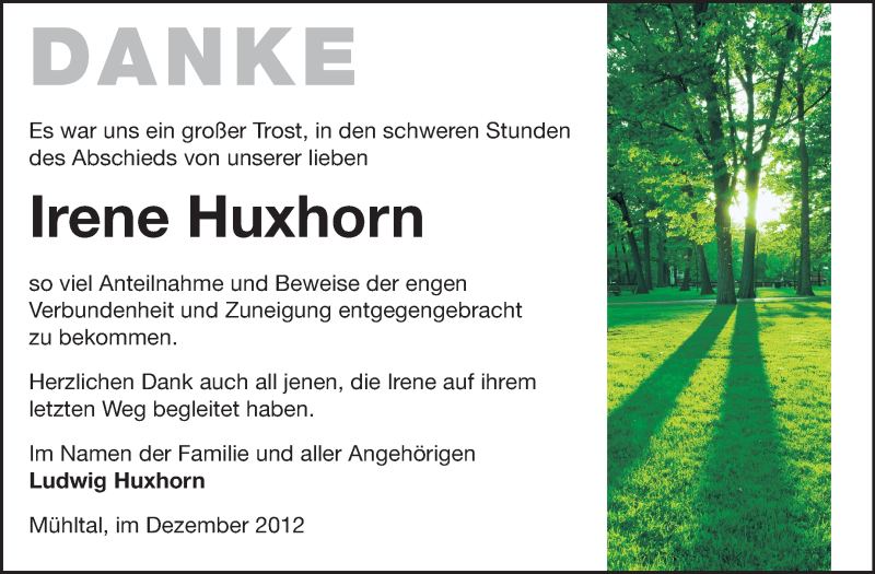  Traueranzeige für Irene Huxhorn vom 29.12.2012 aus Echo-Zeitungen (Gesamtausgabe)