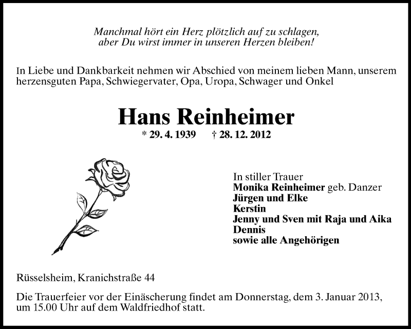  Traueranzeige für Hans Reinheimer vom 31.12.2012 aus Rüsselsheimer Echo, Groß-Gerauer-Echo, Ried Echo