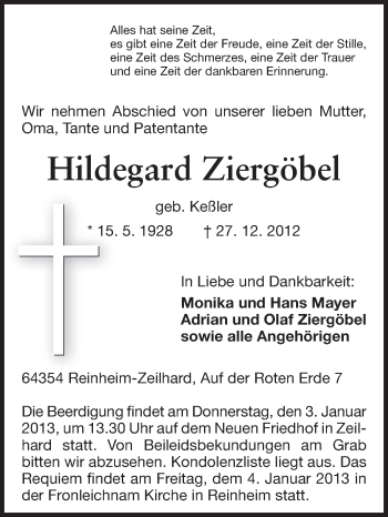 Traueranzeige von Hildegard Ziergöbel von Echo-Zeitungen (Gesamtausgabe)