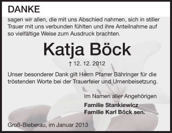 Traueranzeige von Katja Böck von Darmstädter Echo, Odenwälder Echo, Rüsselsheimer Echo, Groß-Gerauer-Echo, Ried Echo
