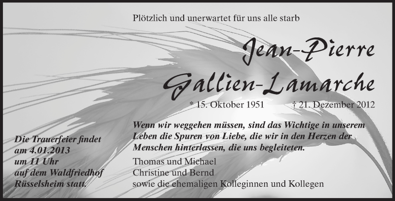  Traueranzeige für Jean-Pierre Gallien-Lamarche vom 02.01.2013 aus Rüsselsheimer Echo, Groß-Gerauer-Echo, Ried Echo