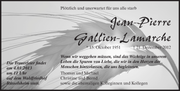 Traueranzeige von Jean-Pierre Gallien-Lamarche von Rüsselsheimer Echo, Groß-Gerauer-Echo, Ried Echo