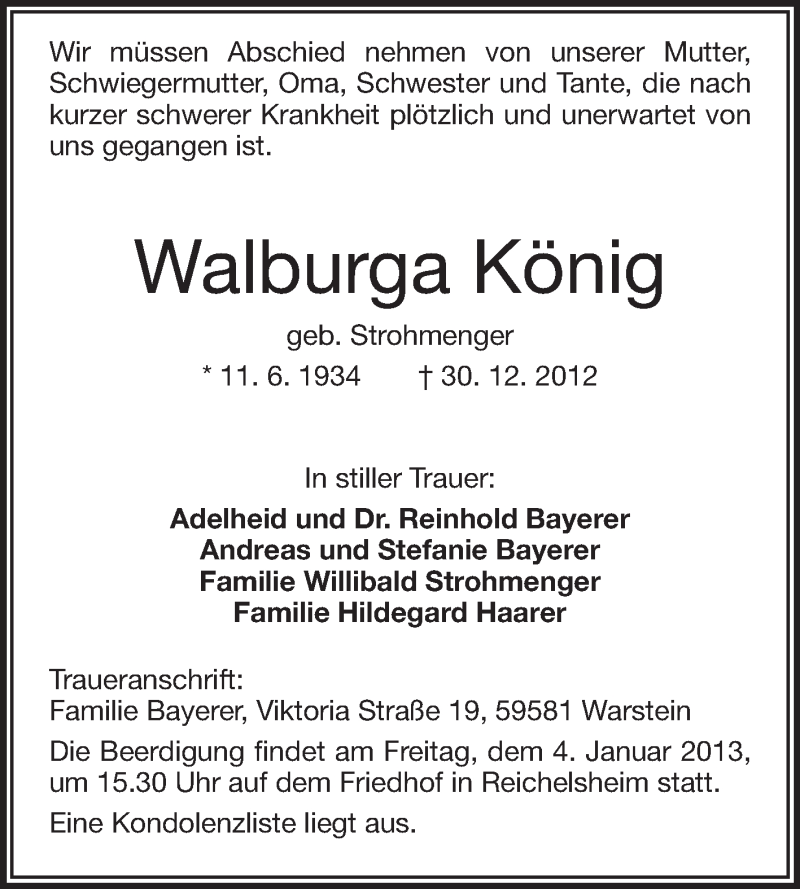  Traueranzeige für Walburga König vom 03.01.2013 aus Odenwälder Echo