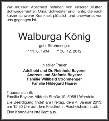 Traueranzeige von Walburga König von Odenwälder Echo