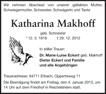 Traueranzeige von Katharina Makhoff von Odenwälder Echo