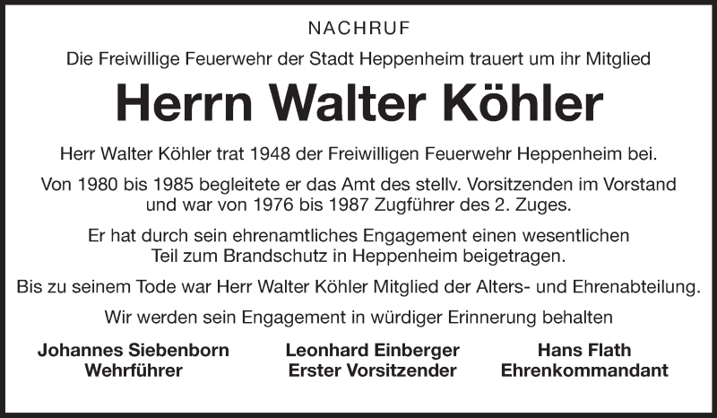  Traueranzeige für Walter Köhler vom 03.01.2013 aus Starkenburger Echo