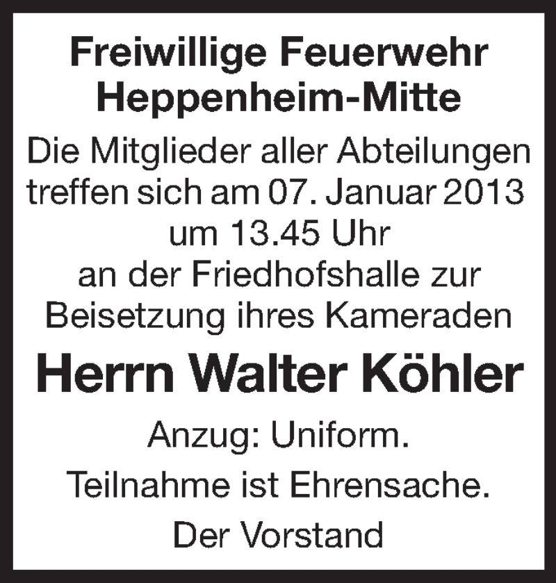 Traueranzeige für Walter Köhler vom 03.01.2013 aus Starkenburger Echo