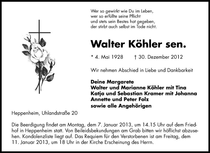  Traueranzeige für Walter Köhler vom 03.01.2013 aus Starkenburger Echo