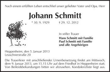 Traueranzeige von Johann Schmitt von Starkenburger Echo