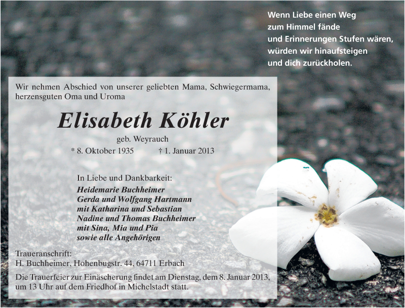  Traueranzeige für Elisabeth Köhler vom 04.01.2013 aus Odenwälder Echo