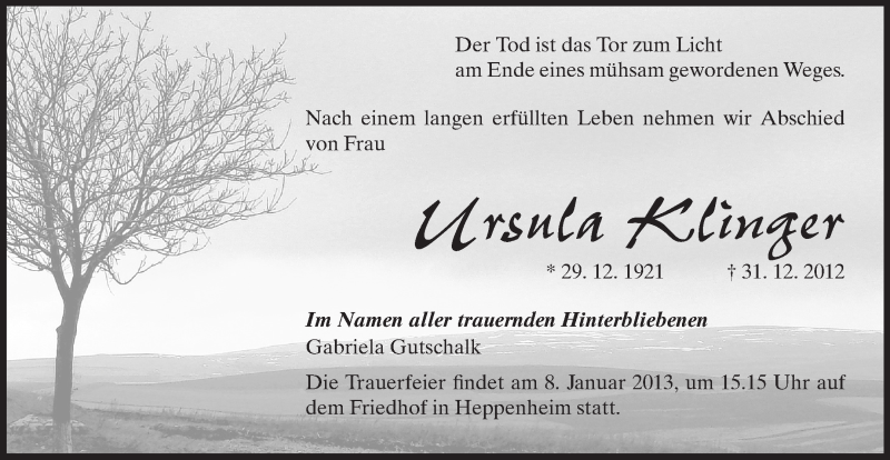  Traueranzeige für Ursula Klinger vom 04.01.2013 aus Starkenburger Echo