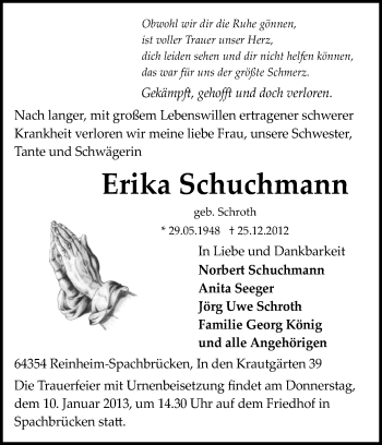 Traueranzeige von Erika Schuchmann von Darmstädter Echo, Odenwälder Echo, Rüsselsheimer Echo, Groß-Gerauer-Echo, Ried Echo