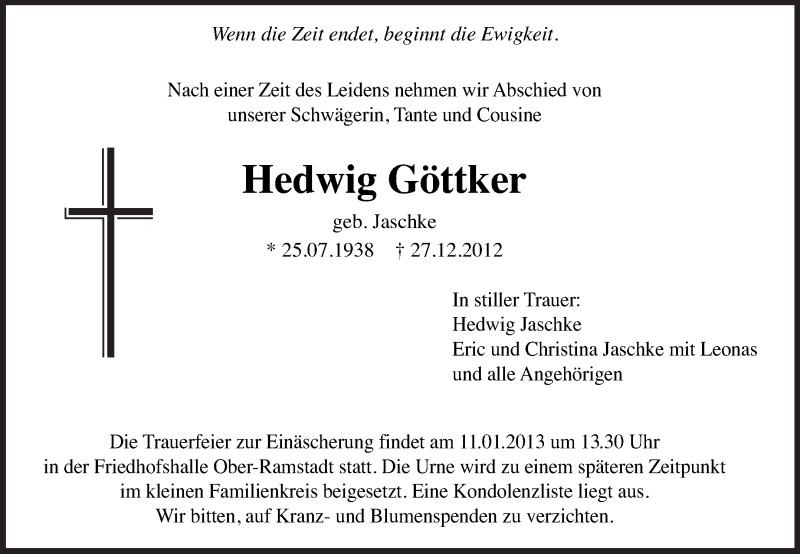  Traueranzeige für Hedwig Göttker vom 05.01.2013 aus Echo-Zeitungen (Gesamtausgabe)