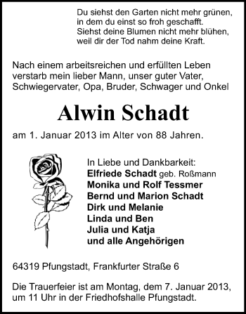 Traueranzeige von Alwin Schadt von Echo-Zeitungen (Gesamtausgabe)