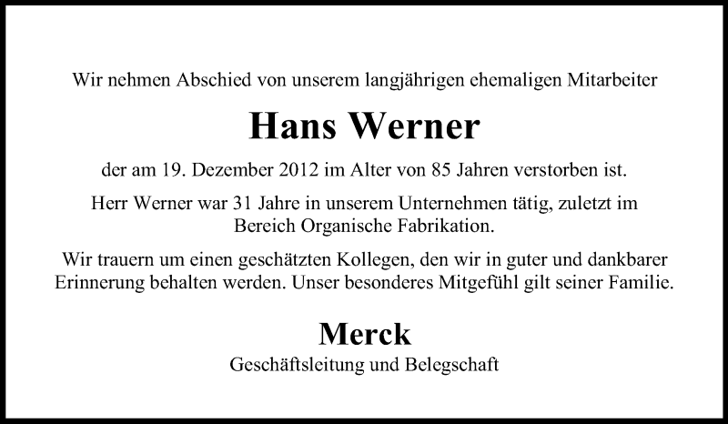  Traueranzeige für Hans Werner vom 04.01.2013 aus Echo-Zeitungen (Gesamtausgabe)