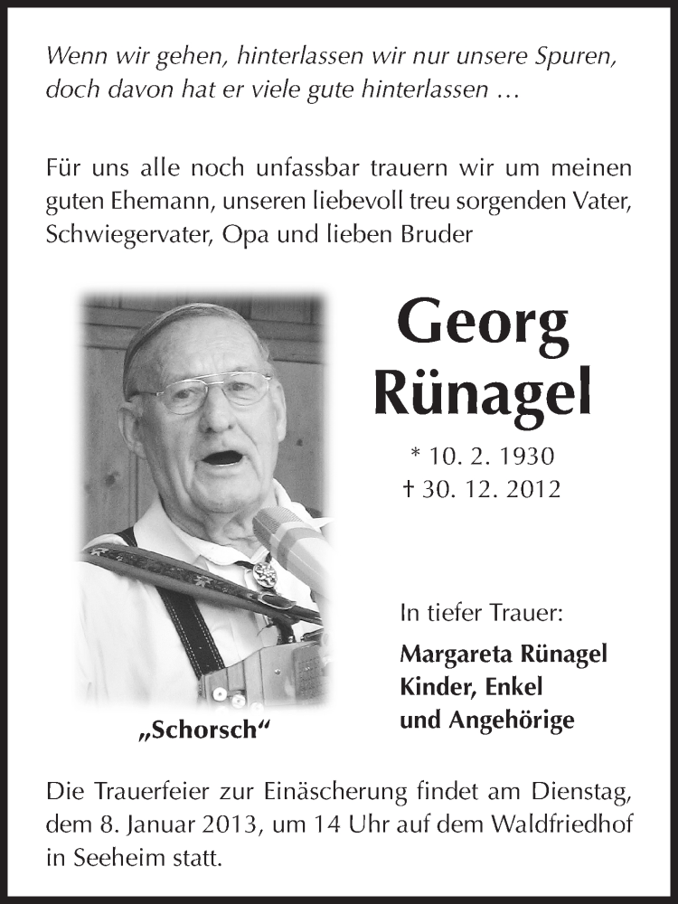  Traueranzeige für Georg Rünagel vom 05.01.2013 aus Echo-Zeitungen (Gesamtausgabe)