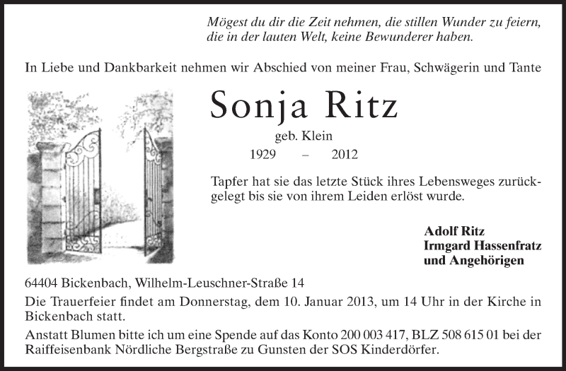  Traueranzeige für Sonja Ritz vom 05.01.2013 aus Echo-Zeitungen (Gesamtausgabe)