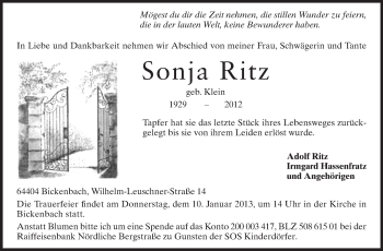 Traueranzeige von Sonja Ritz von Echo-Zeitungen (Gesamtausgabe)