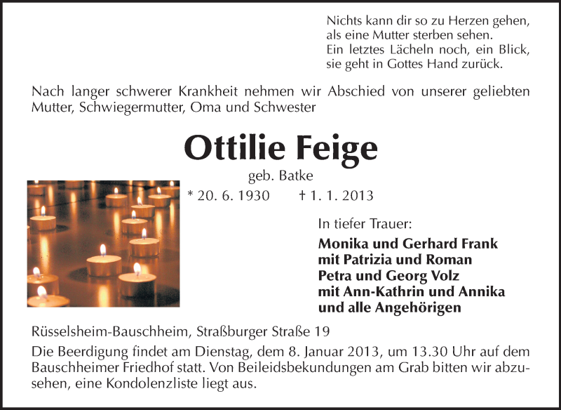  Traueranzeige für Ottilie Feige vom 05.01.2013 aus Rüsselsheimer Echo, Groß-Gerauer-Echo, Ried Echo
