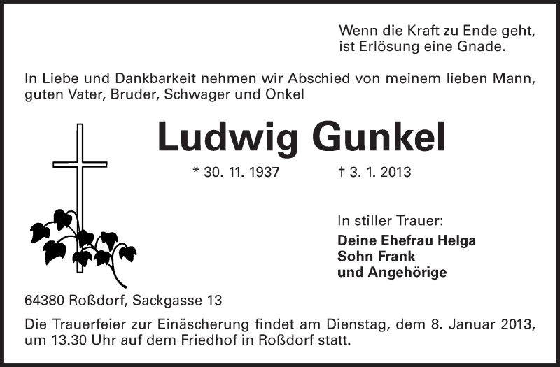  Traueranzeige für Ludwig Gunkel vom 05.01.2013 aus Echo-Zeitungen (Gesamtausgabe)