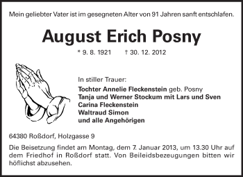 Traueranzeige von August Erich Posny von Echo-Zeitungen (Gesamtausgabe)
