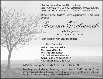 Traueranzeige von Emma Tschursch von Odenwälder Echo
