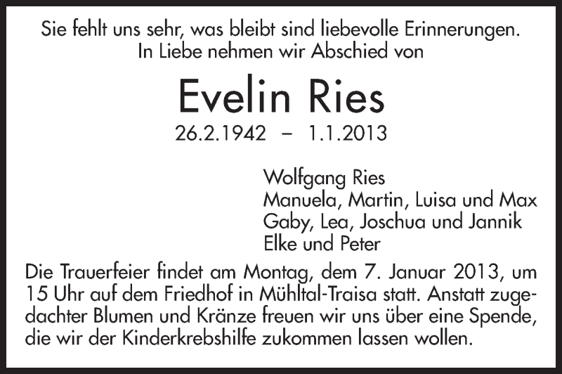  Traueranzeige für Evelin Ries vom 05.01.2013 aus Echo-Zeitungen (Gesamtausgabe)