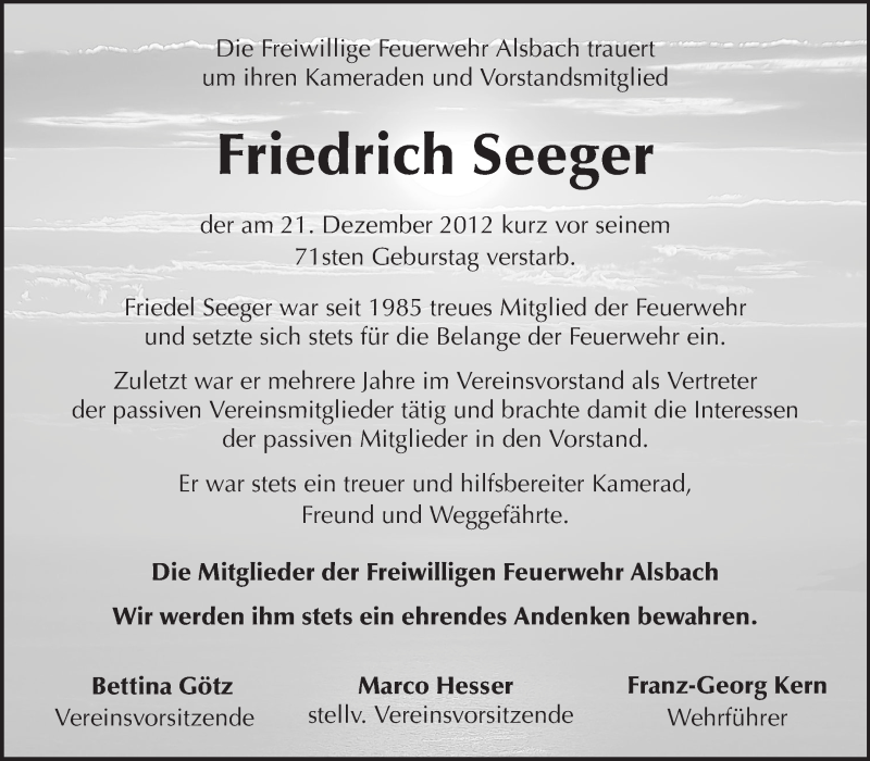  Traueranzeige für Friedrich Seeger vom 05.01.2013 aus Echo-Zeitungen (Gesamtausgabe)